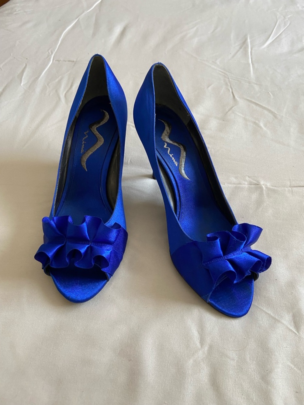 Vince Cobalt Satin Peep-Toe Pumps with Ruffle Accent